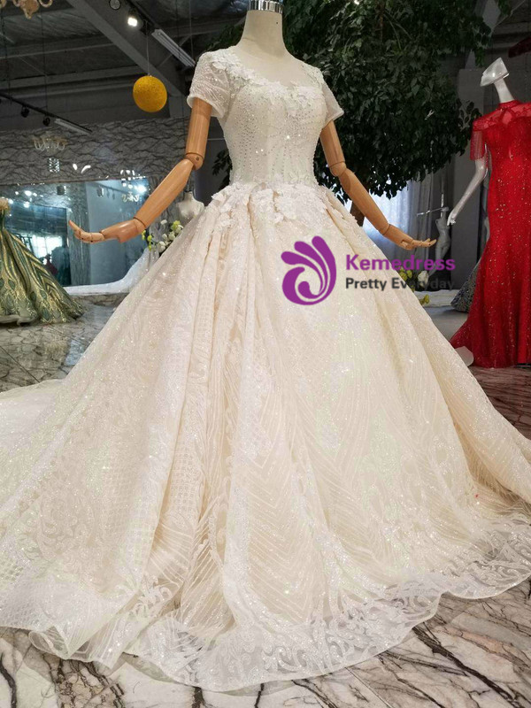 Shop 2019 Long & Short Tulle Sequins Short Sleeve Appliques Champagne Wedding Dress With Beading With Factory Price From Kemedress
