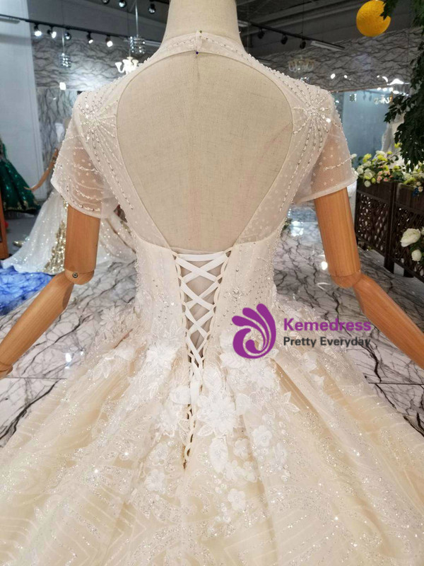 Shop 2019 Long & Short Tulle Sequins Short Sleeve Appliques Champagne Wedding Dress With Beading With Factory Price From Kemedress