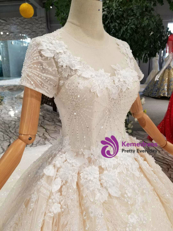 Shop 2019 Long & Short Tulle Sequins Short Sleeve Appliques Champagne Wedding Dress With Beading With Factory Price From Kemedress