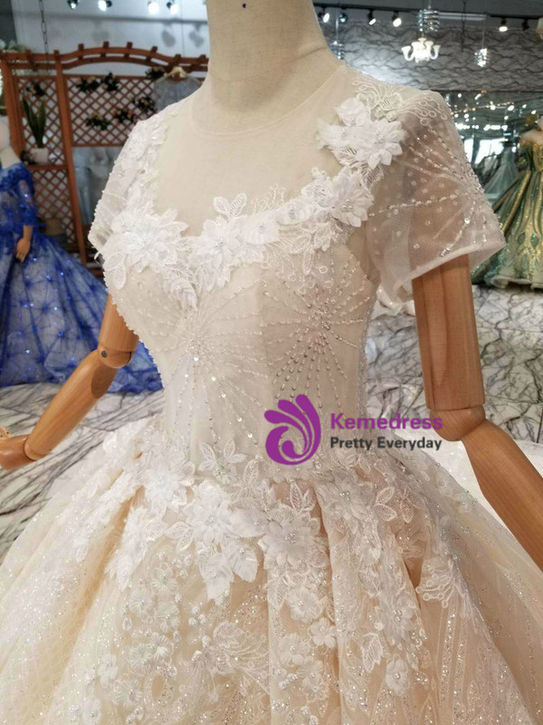 Shop 2019 Long & Short Tulle Sequins Short Sleeve Appliques Champagne Wedding Dress With Beading With Factory Price From Kemedress