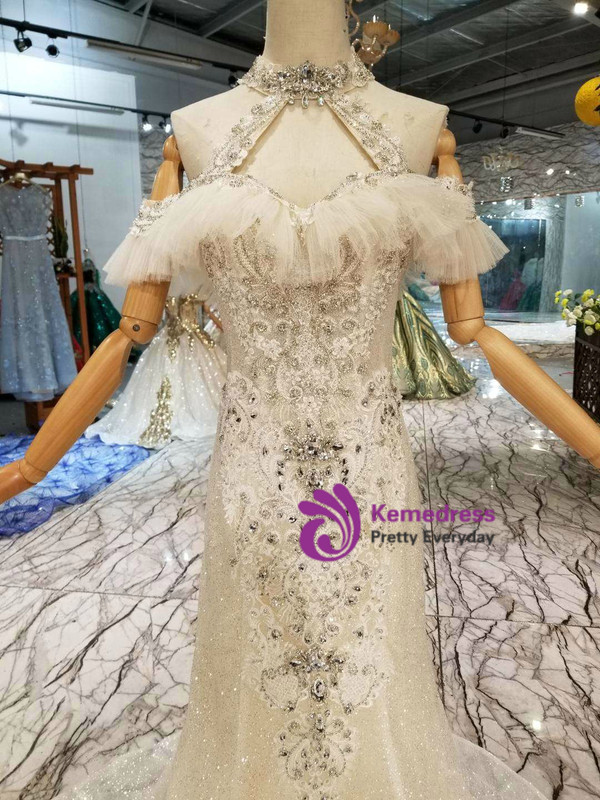 Shop 2019 Long & Short Champagne Mermaid Tulle Sequins Halter Wedding Dress With Crystal With Factory Price From Kemedress