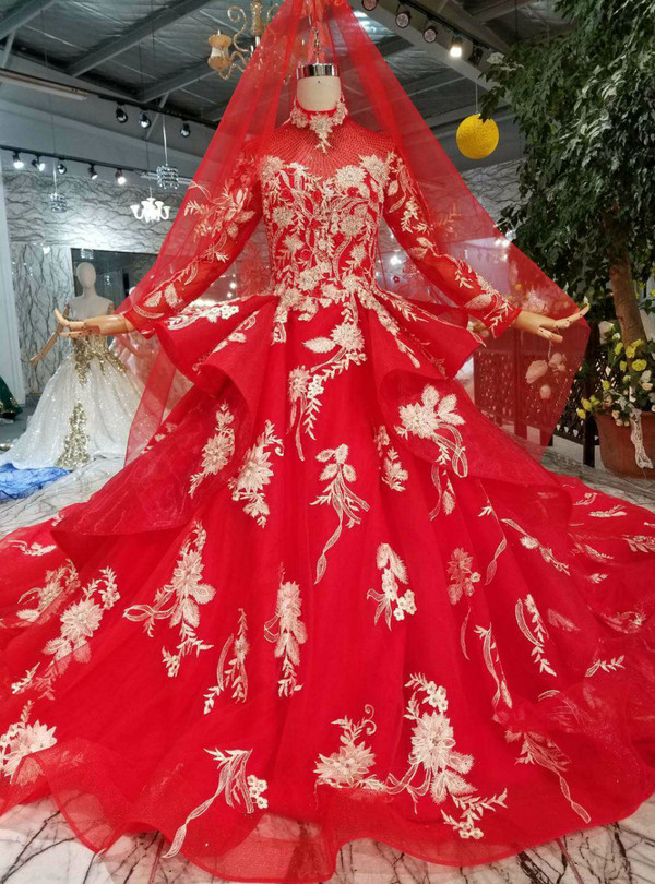 Shop 2019 Long & Short Red Ball Gown Tulle Appliques High Neck Long Sleeve Wedding Dress With Long Train With Factory Price From Kemedress