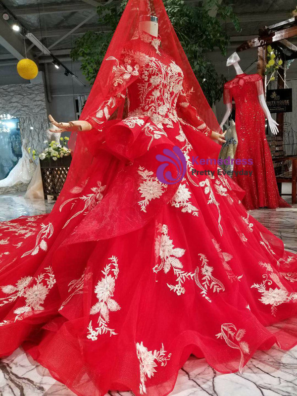 Shop 2019 Long & Short Red Ball Gown Tulle Appliques High Neck Long Sleeve Wedding Dress With Long Train With Factory Price From Kemedress