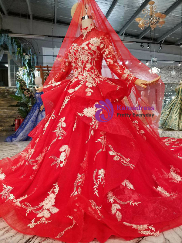 Shop 2019 Long & Short Red Ball Gown Tulle Appliques High Neck Long Sleeve Wedding Dress With Long Train With Factory Price From Kemedress