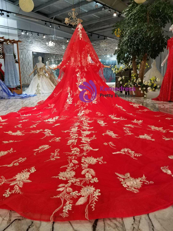 Shop 2019 Long & Short Red Ball Gown Tulle Appliques High Neck Long Sleeve Wedding Dress With Long Train With Factory Price From Kemedress