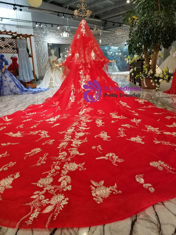 Shop 2019 Long & Short Red Ball Gown Tulle Appliques High Neck Long Sleeve Wedding Dress With Long Train With Factory Price From Kemedress