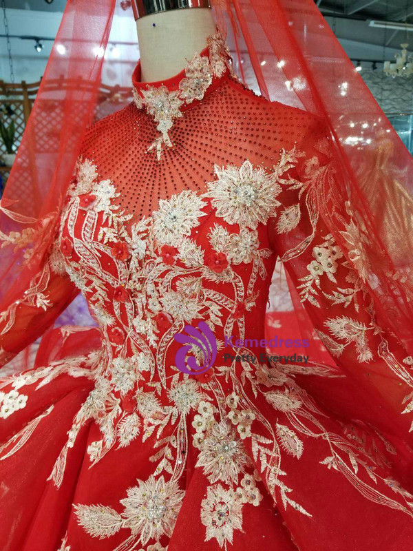 Shop 2019 Long & Short Red Ball Gown Tulle Appliques High Neck Long Sleeve Wedding Dress With Long Train With Factory Price From Kemedress
