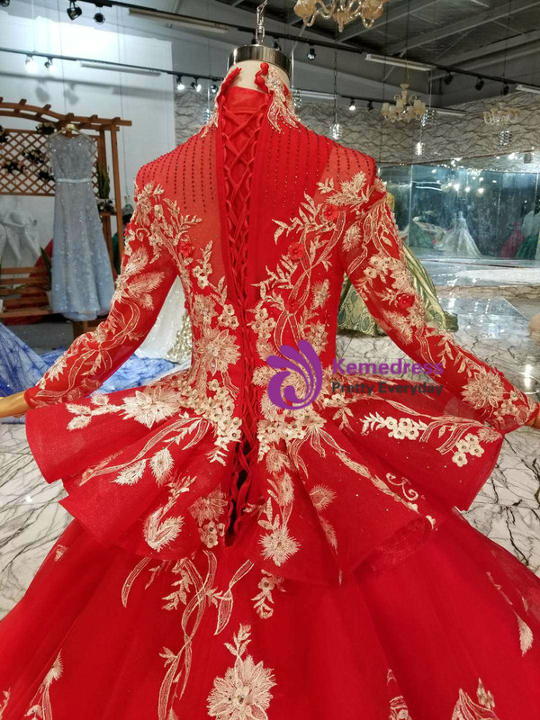 Shop 2019 Long & Short Red Ball Gown Tulle Appliques High Neck Long Sleeve Wedding Dress With Long Train With Factory Price From Kemedress