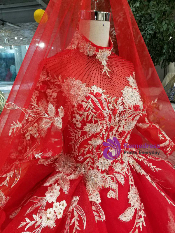 Shop 2019 Long & Short Red Ball Gown Tulle Appliques High Neck Long Sleeve Wedding Dress With Long Train With Factory Price From Kemedress