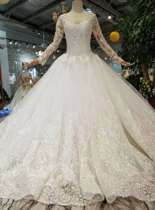 Shop 2019 Long & Short Ivory White Tulle Lace Appliques Long Sleeve Wedding Dress With Beading With Factory Price From Kemedress