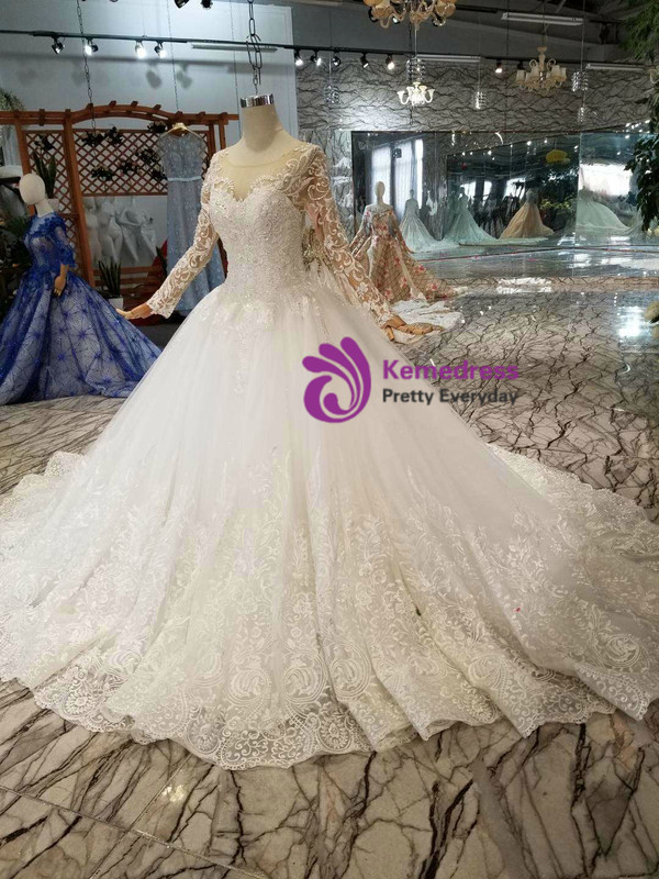 Shop 2019 Long & Short Ivory White Tulle Lace Appliques Long Sleeve Wedding Dress With Beading With Factory Price From Kemedress