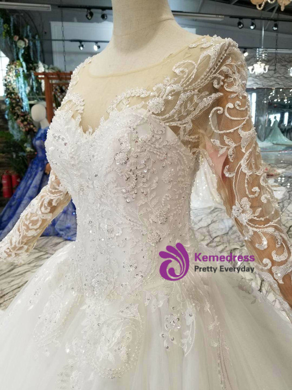 Shop 2019 Long & Short Ivory White Tulle Lace Appliques Long Sleeve Wedding Dress With Beading With Factory Price From Kemedress