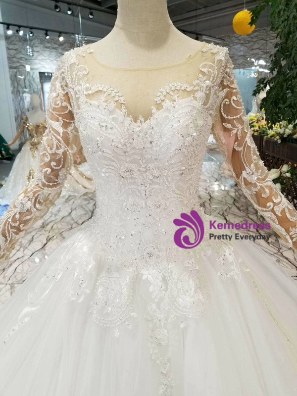 Shop 2019 Long & Short Ivory White Tulle Lace Appliques Long Sleeve Wedding Dress With Beading With Factory Price From Kemedress