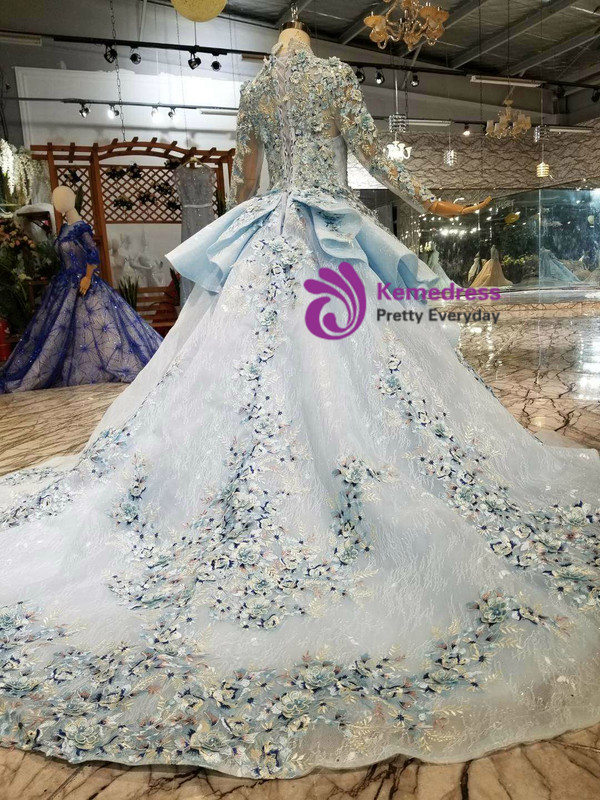 Shop 2019 Long & Short Blue Ball Gown Tulle High Neck Long Sleeve Embroidery Appliques Wedding Dress With Factory Price From Kemedress