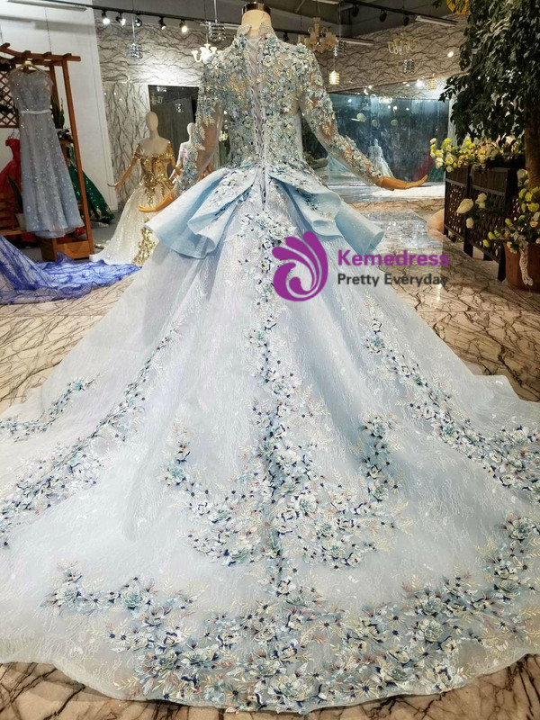 Shop 2019 Long & Short Blue Ball Gown Tulle High Neck Long Sleeve Embroidery Appliques Wedding Dress With Factory Price From Kemedress