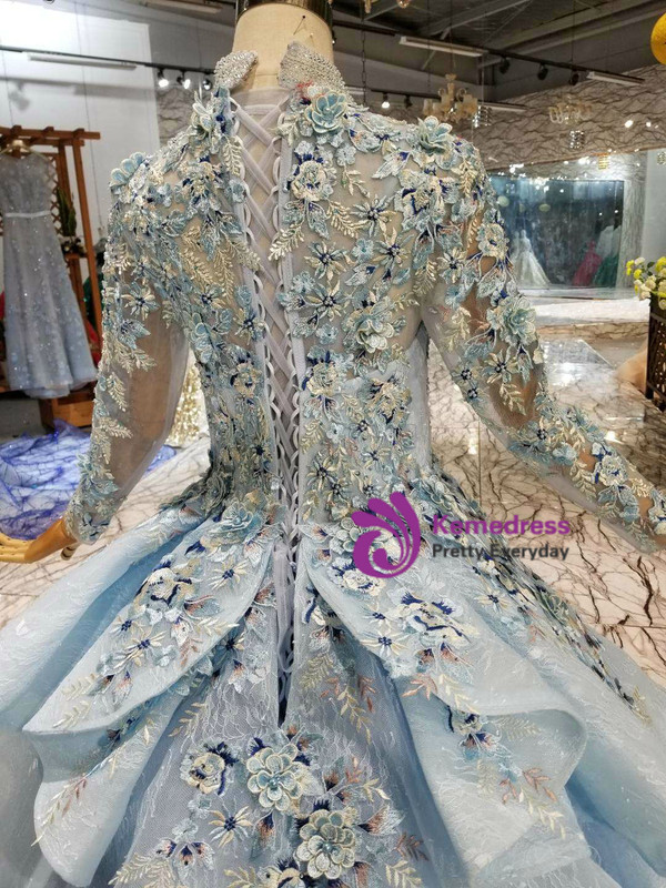 Shop 2019 Long & Short Blue Ball Gown Tulle High Neck Long Sleeve Embroidery Appliques Wedding Dress With Factory Price From Kemedress