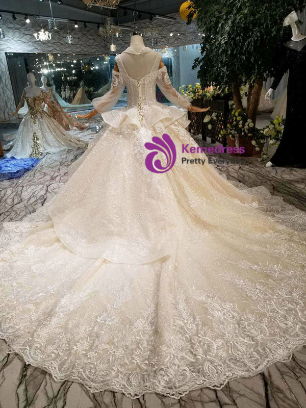 Shop 2019 Long & Short Champagne Ball Gown Tulle Sequins Sweetheart Long Sleeve Appliques Wedding Dress With Factory Price From Kemedress