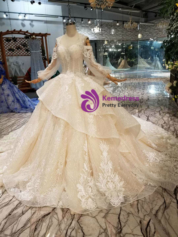 Shop 2019 Long & Short Champagne Ball Gown Tulle Sequins Sweetheart Long Sleeve Appliques Wedding Dress With Factory Price From Kemedress