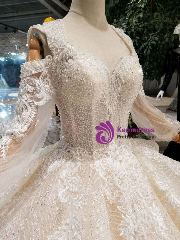 Shop 2019 Long & Short Champagne Ball Gown Tulle Sequins Sweetheart Long Sleeve Appliques Wedding Dress With Factory Price From Kemedress