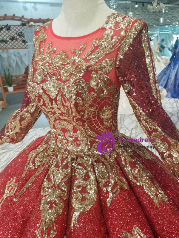 Shop 2019 Long & Short Red Ball Gown Sequins Long SLeeve Sequins Appliques Wedding Dress With Factory Price From Kemedress