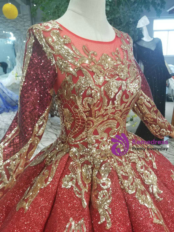 Shop 2019 Long & Short Red Ball Gown Sequins Long SLeeve Sequins Appliques Wedding Dress With Factory Price From Kemedress