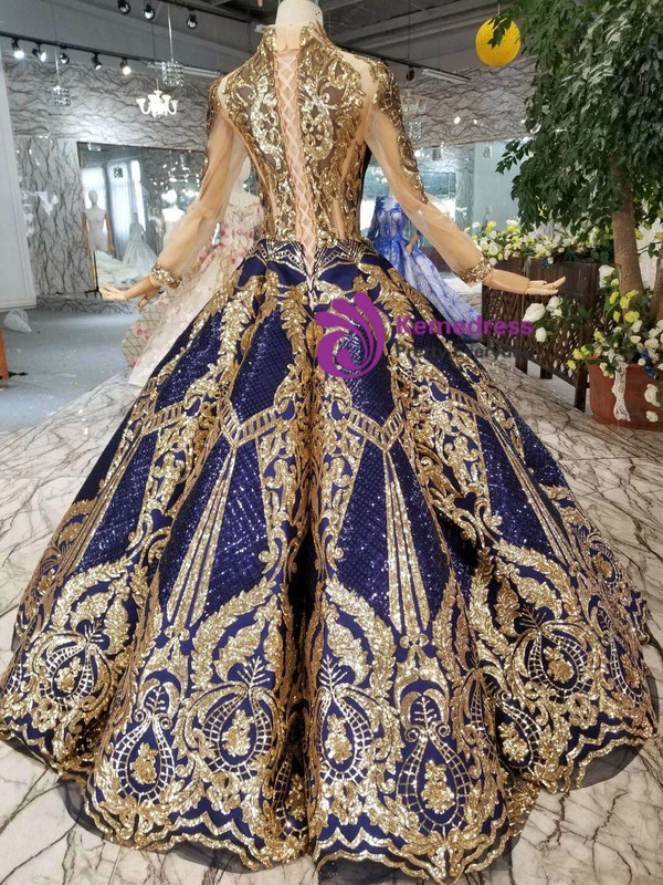 Shop 2019 Long & Short Blue Ball Gown Sequins Gold Sequins Appliques V-neck Long Sleeve Wedding Dress With Factory Price From Kemedress