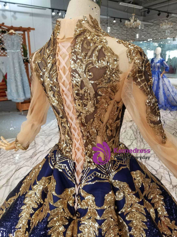 Shop 2019 Long & Short Blue Ball Gown Sequins Gold Sequins Appliques V-neck Long Sleeve Wedding Dress With Factory Price From Kemedress