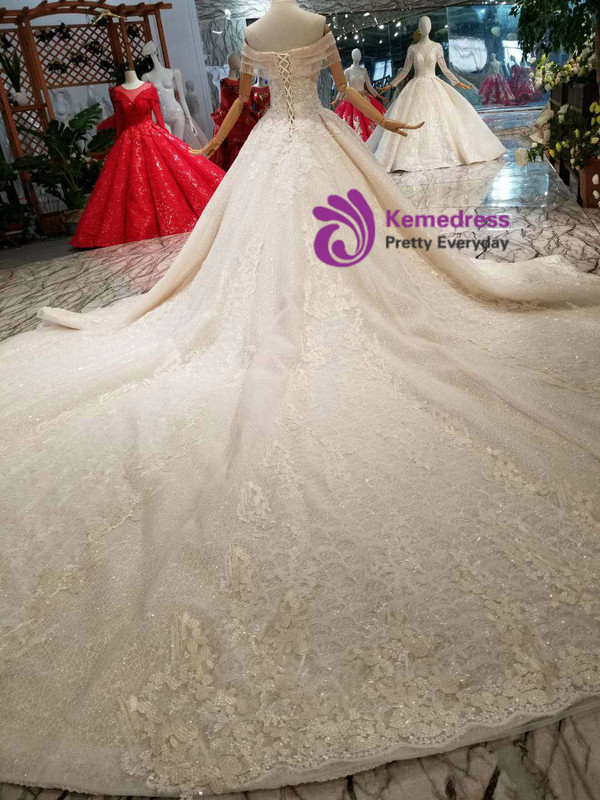 Shop 2019 Long & Short Champagne Ball Gown Tulle Lace Appliques Off The Shoulder Wedding Dress With Beading With Factory Price From Kemedress