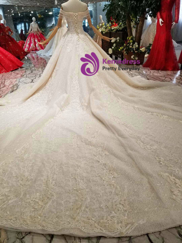 Shop 2019 Long & Short Champagne Ball Gown Tulle Lace Appliques Off The Shoulder Wedding Dress With Beading With Factory Price From Kemedress