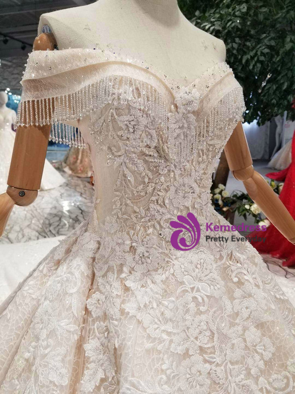Shop 2019 Long & Short Champagne Ball Gown Tulle Lace Appliques Off The Shoulder Wedding Dress With Beading With Factory Price From Kemedress
