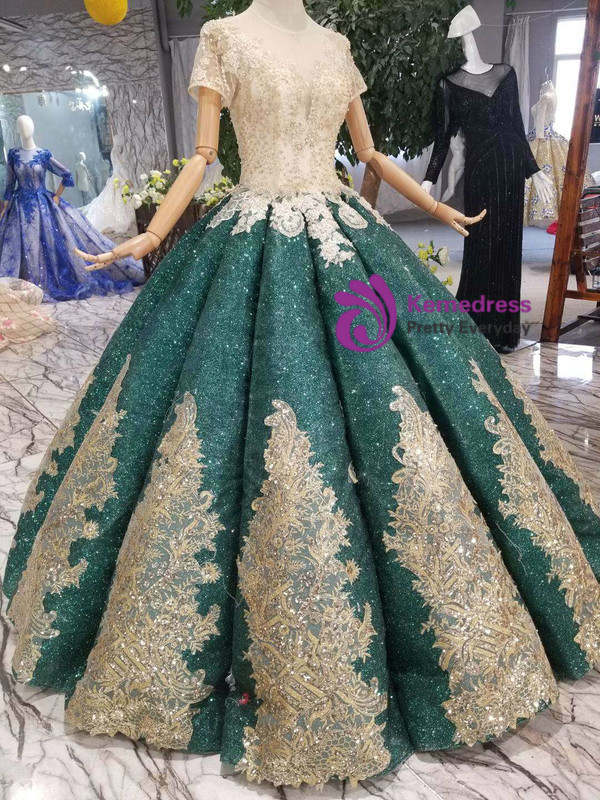 Shop 2019 Long & Short Green Ball Gown Sequins Short Sleeve Appliques Wedding Dress With Beading With Factory Price From Kemedress