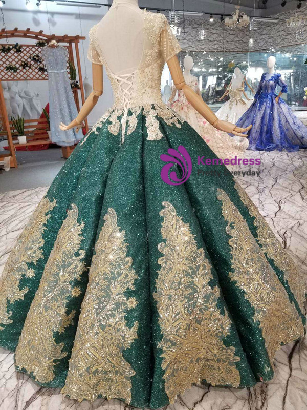 Shop 2019 Long & Short Green Ball Gown Sequins Short Sleeve Appliques Wedding Dress With Beading With Factory Price From Kemedress