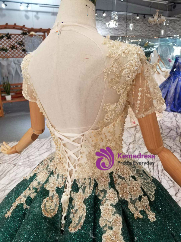 Shop 2019 Long & Short Green Ball Gown Sequins Short Sleeve Appliques Wedding Dress With Beading With Factory Price From Kemedress