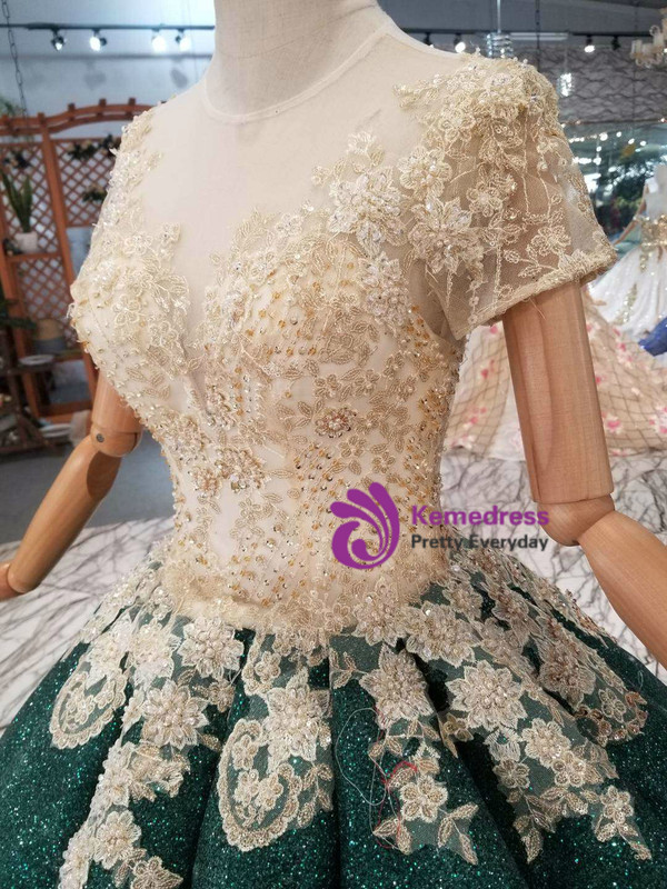 Shop 2019 Long & Short Green Ball Gown Sequins Short Sleeve Appliques Wedding Dress With Beading With Factory Price From Kemedress