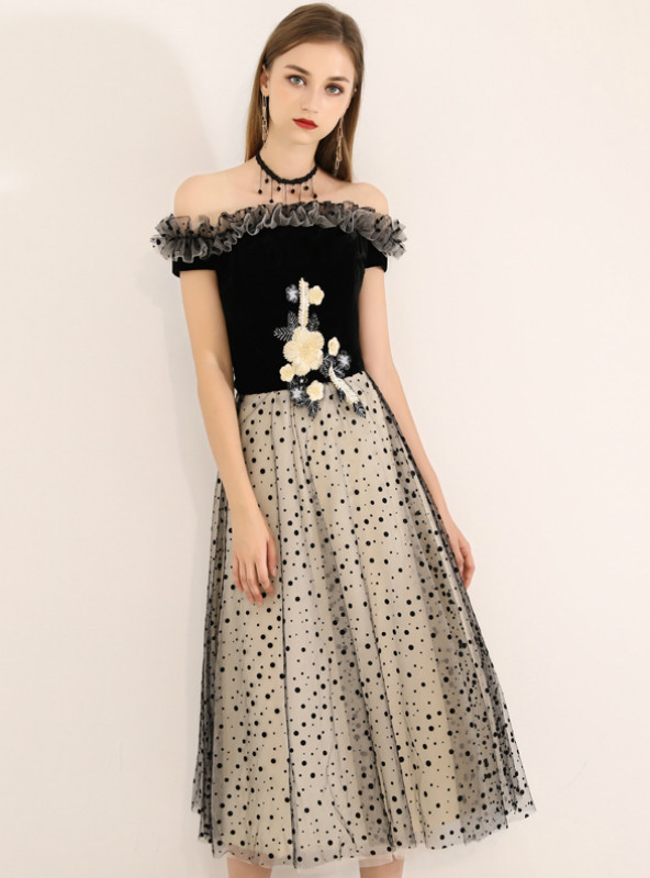 Shop 2019 Long & Short In Stock:Ship in 48 Hours Black Tulle Wave Point Off the Shoulder Prom Dress With Factory Price From Kemedress