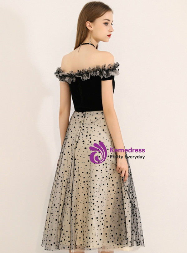 Shop 2019 Long & Short In Stock:Ship in 48 Hours Black Tulle Wave Point Off the Shoulder Prom Dress With Factory Price From Kemedress