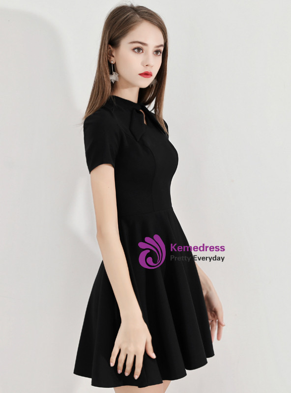 Shop 2019 Long & Short In Stock:Ship in 48 Hours Black Satin Short Sleeve Homecoming Dress With Factory Price From Kemedress