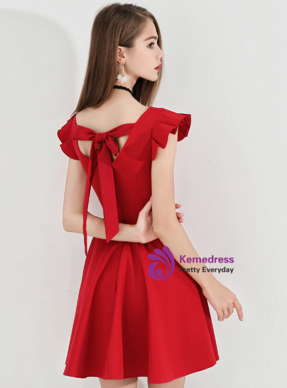 Shop 2019 Long & Short In Stock:Ship in 48 Hours Burgundy V-neck Satin Short Homecoming Dress With Factory Price From Kemedress