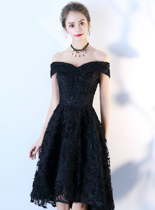 Shop 2019 Long & Short In Stock:Ship in 48 Hours Black Hi Lo Off the Shoulder Short Prom Dress With Factory Price From Kemedress