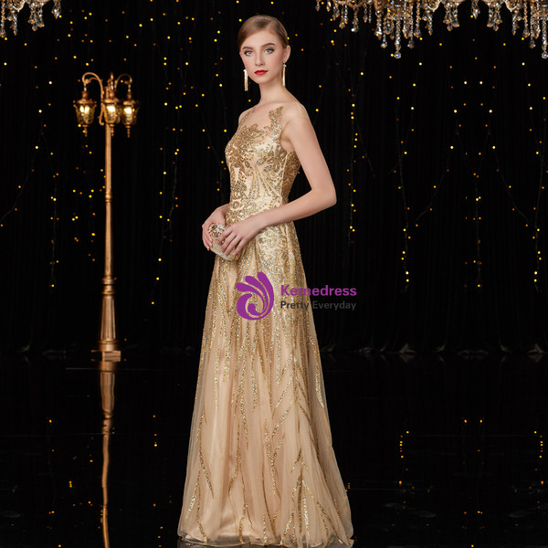 Shop 2019 Long & Short A-Line Champagne Gold Tulle Sequins Long Mother Of The Bride Dresses With Factory Price From Kemedress