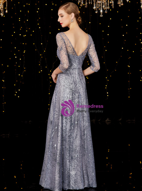 Shop 2019 Long & Short A-Line Silver Gray Tulle Sequins Half Sleeve Backless Long Mother Of The Bride Dress With Factory Price From Kemedress