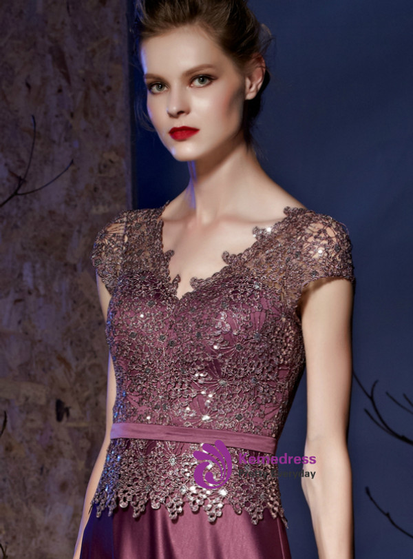 Shop 2019 Long & Short A-Line Purple Satin Lace V-neck Cap Sleeve Mother Of The Bride Dress With Factory Price From Kemedress