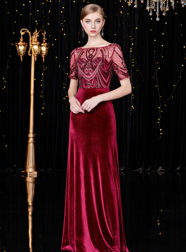 Shop 2019 Long & Short Sheath Burgundy Velvet Short Sleeve Long Mother Of The Bride Dress With Crystal With Factory Price From Kemedress