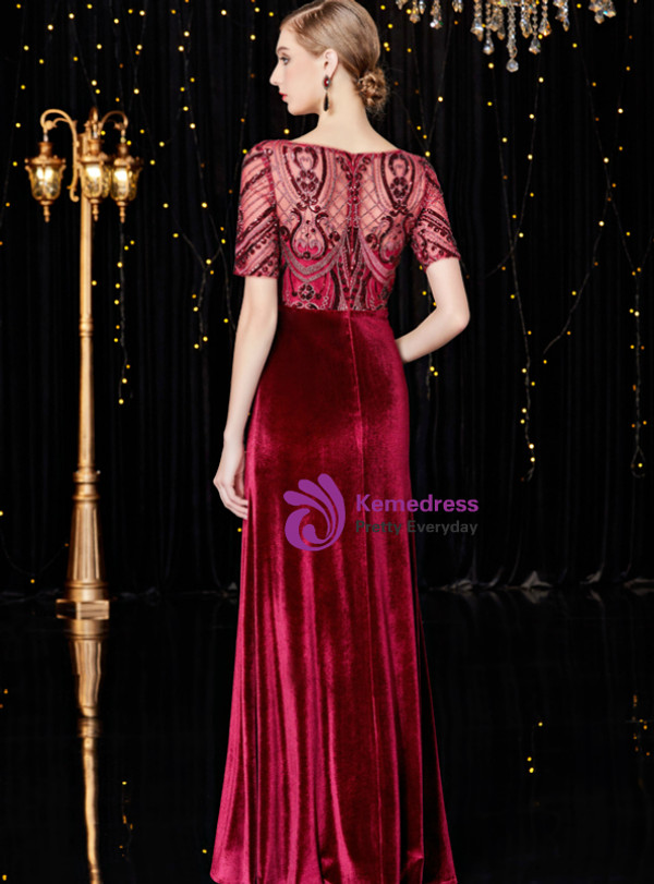 Shop 2019 Long & Short Sheath Burgundy Velvet Short Sleeve Long Mother Of The Bride Dress With Crystal With Factory Price From Kemedress