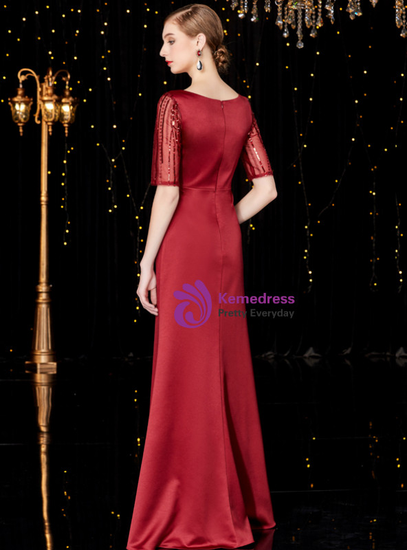 Shop 2019 Long & Short Burgundy Satin Short Sleeve Sequins Long Mother Of The Bride Dress With Factory Price From Kemedress