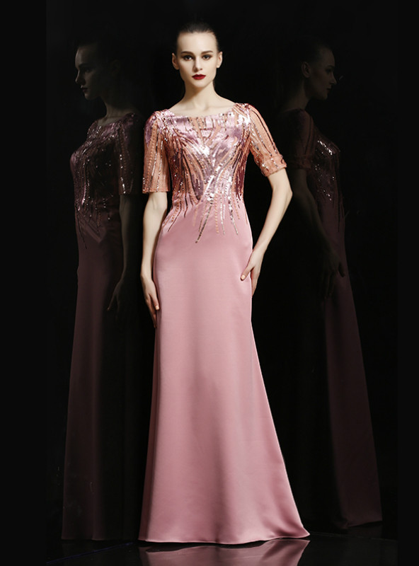 Shop 2019 Long & Short Pink Satin Short Sleeve Sequins Long Mother Of The Bride Dress With Factory Price From Kemedress