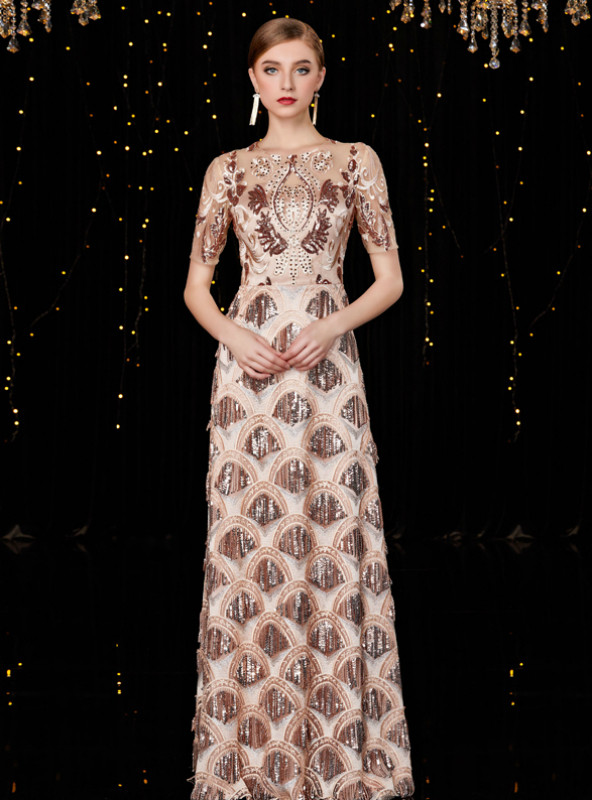 Shop 2019 Long & Short A-Line Champagne Gold Sequins Short Sleeve Mother Of The Bride Dress With Factory Price From Kemedress