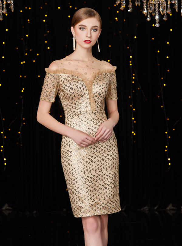 Shop 2019 Long & Short Gold Sheath Sequins Cold Shoulder Short Sleeve Mother Of The Bride Dress With Factory Price From Kemedress
