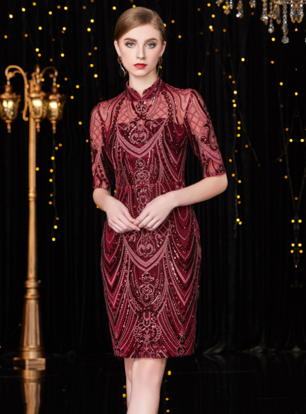 Shop 2019 Long & Short Burgundy Sheath Embroidery Sequins High Neck Short Sleeve Mother Of The Bride Dress With Factory Price From Kemedress