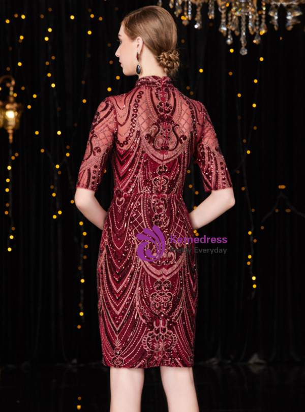 Shop 2019 Long & Short Burgundy Sheath Embroidery Sequins High Neck Short Sleeve Mother Of The Bride Dress With Factory Price From Kemedress